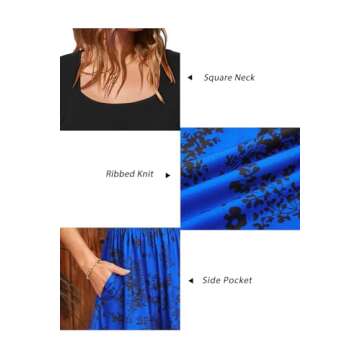 Newshows Womens 2025 Summer Dress Short Sleeve Square Neck Dresses Casual Beach Vacation A-Line Ruffle Sundress with Pockets(Royal Floral Black,L)