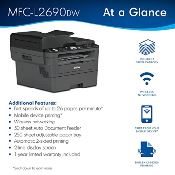 Brother MFC-L2690DW Fast All-in-One Monochrome Laser Printer
