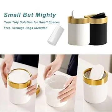 JILLICK Mini Trash Can with Lid, Tiny Desk Trash Can, 1.5 Liter / 0.4 Gallon Small Metal Garbage Can for Countertop Coffee Bar, White
