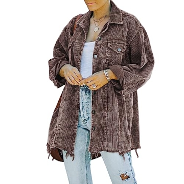 Hixiaohe Women's Retro Corduroy Shacket - Oversized, Distressed Look