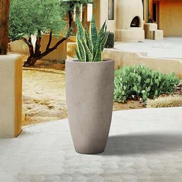 Kante 23.6" H Weathered Concrete Finish Concrete Tall Planters Large Outdoor Indoor Decorative Plant Pots with Drainage Hole and Rubber Plug, Modern Tapered Style for Home and Garden