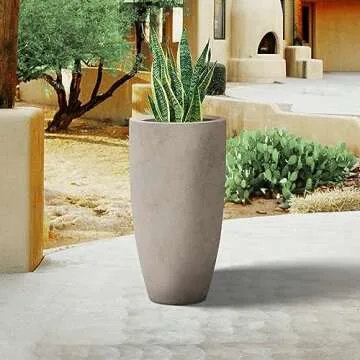 Kante 23.6" H Weathered Concrete Finish Concrete Tall Planters Large Outdoor Indoor Decorative Plant Pots with Drainage Hole and Rubber Plug, Modern Tapered Style for Home and Garden