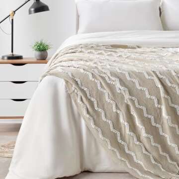 BOURINA Fluffy Chenille Knitted Fringe Throw Blanket Lightweight Soft Cozy for Bed Sofa Chair Throw Blankets, Beige 50" x 60"