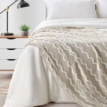 BOURINA Fluffy Chenille Knitted Fringe Throw Blanket Lightweight Soft Cozy for Bed Sofa Chair Throw Blankets, Beige 50" x 60"