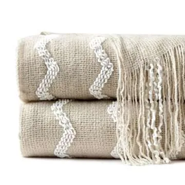 BOURINA Fluffy Chenille Knitted Fringe Throw Blanket Lightweight Soft Cozy for Bed Sofa Chair Throw Blankets, Beige 50" x 60"