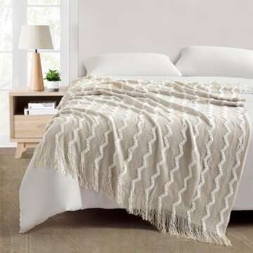 BOURINA Fluffy Chenille Knitted Fringe Throw Blanket Lightweight Soft Cozy for Bed Sofa Chair Throw Blankets, Beige 50" x 60"