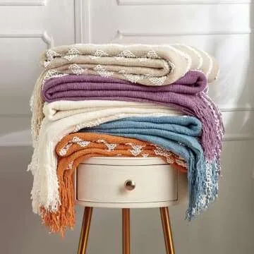 BOURINA Fluffy Chenille Knitted Fringe Throw Blanket Lightweight Soft Cozy for Bed Sofa Chair Throw Blankets, Beige 50" x 60"