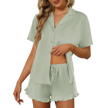 Ekouaer Pajamas Set for Women Short Sleeve Sleepwear Button Down Pjs Lounge Sets Soft Nightwear Aqua...