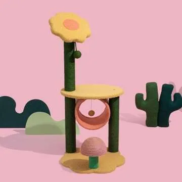 Happy & Polly Sunflower Cat Tree Cute Cat Tower 35.4 Inches for Kittens Stable Condo for Small Cats ...