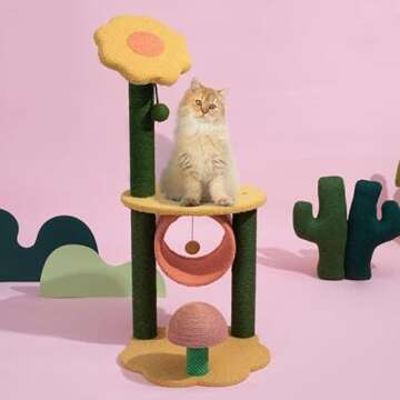 Happy & Polly Sunflower Cat Tree Cute Cat Tower 35.4 Inches for Kittens Stable Condo for Small Cats Easy to Assemble with Soft Hammock Furniture Activity Center for Kittens