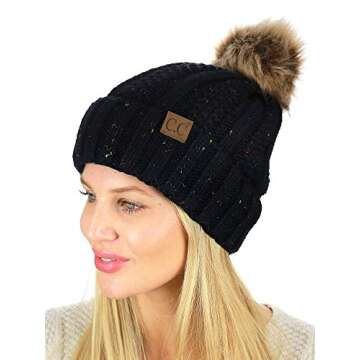 C.C Thick Cable Knit Faux Fuzzy Fur Pom Fleece Lined Skull Cap Cuff Beanie, Confetti Black