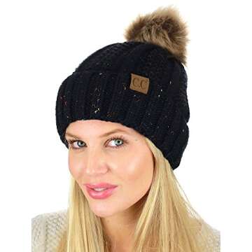 C.C Thick Cable Knit Faux Fuzzy Fur Pom Fleece Lined Skull Cap Cuff Beanie, Confetti Black