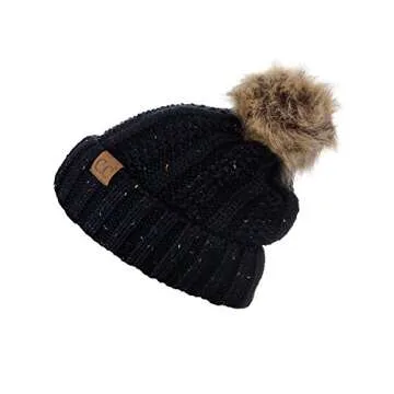 C.C Thick Cable Knit Faux Fuzzy Fur Pom Fleece Lined Skull Cap Cuff Beanie, Confetti Black
