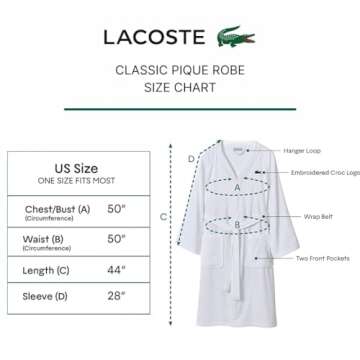 Lacoste Classic Pique 100% Cotton Bath Robe for Men & Women, One Size Fits Most, White