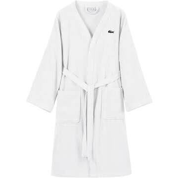 Lacoste Classic Pique 100% Cotton Bath Robe for Men & Women, One Size Fits Most, White