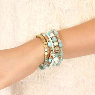RIAH FASHION Bohemian Mix Bead Multi Layer Versatile Statement Bracelets - Stackable Beaded Strand Stretch Bangles Sparkly Crystal, Tassel Charm (Turquoise)