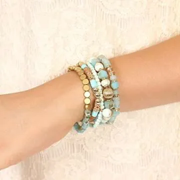 RIAH FASHION Bohemian Mix Bead Multi Layer Versatile Statement Bracelets - Stackable Beaded Strand Stretch Bangles Sparkly Crystal, Tassel Charm (Turquoise)