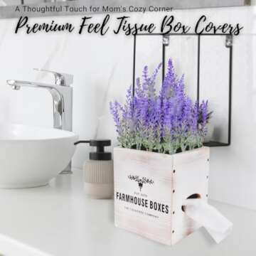 3-in-1 Countree Tissue Box Cover Square: Rustic Farmhouse Bathroom Decor, Potted Lavender & Wood Tis...