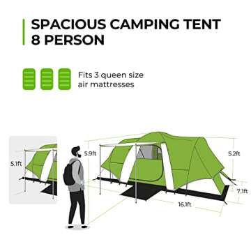 ArcadiVille Camping Tent 8 People, Waterproof and Windproof Family Tents for Camping, Outdoor & Travel, Easy Setup, Removable Full-Covered Rainfly, Divided Curtain, Vestibule & Carry Bag (Green)
