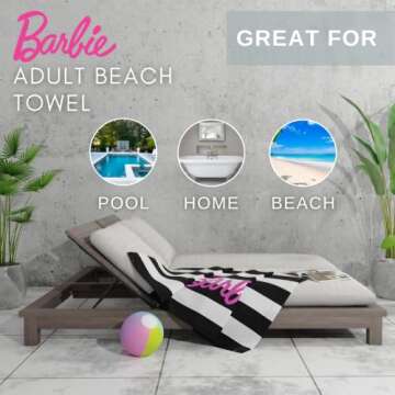Franco Barbie Barbiecore Black & White Striped Soft Cotton Bath/Pool/Beach Towel, 60 in x 30 in, (Official Licensed Barbie Product)