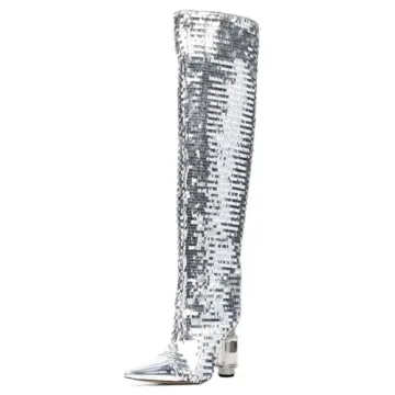 XYD Women Side Zip Knee High Boots with Pointed Toe and Rhinestone Block Heels (Size 4, Silver Sequi...
