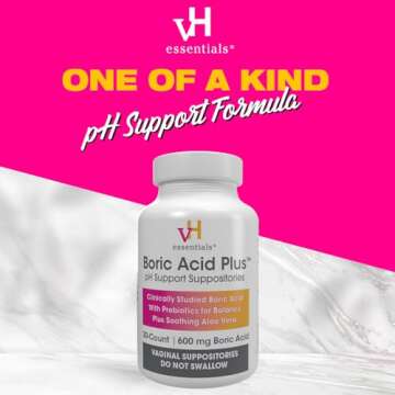 vH essentials Boric Acid Plus Vaginal Suppositories, Prebiotic Infused with Soothing Aloe Vera, pH Support Formula Fights Odor and Promotes Freshness, 600mg Boric Acid, 30 Count