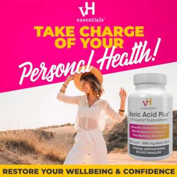 vH essentials Boric Acid Plus Vaginal Suppositories, Prebiotic Infused with Soothing Aloe Vera, pH Support Formula Fights Odor and Promotes Freshness, 600mg Boric Acid, 30 Count