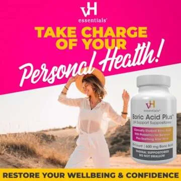 vH essentials Boric Acid Plus Vaginal Suppositories, Prebiotic Infused with Soothing Aloe Vera, pH Support Formula Fights Odor and Promotes Freshness, 600mg Boric Acid, 30 Count