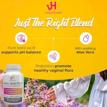 vH essentials Boric Acid Plus Vaginal Suppositories, Prebiotic Infused with Soothing Aloe Vera, pH Support Formula Fights Odor and Promotes Freshness, 600mg Boric Acid, 30 Count