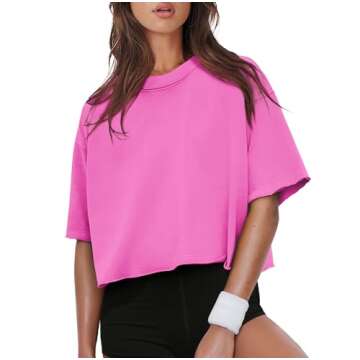 XIEERDUO Womens Round Neck Drop Shoulder Cotton Tshirts Short Sleeve Crop Tops Loose Summer Basic Tees Hot Pink L