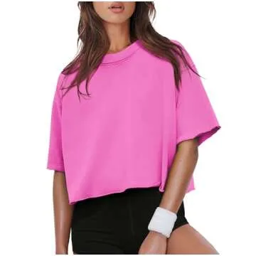 XIEERDUO Womens Round Neck Drop Shoulder Cotton Tshirts Short Sleeve Crop Tops Loose Summer Basic Tees Hot Pink L