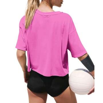 XIEERDUO Womens Round Neck Drop Shoulder Cotton Tshirts Short Sleeve Crop Tops Loose Summer Basic Tees Hot Pink L