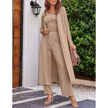 Ekouaer Women's 3 Piece Knit Lounge Set Pajama Long Sleeve Cardigan Sleeveless Top Pants SweatsuitKhakiMedium