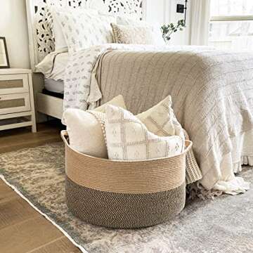 Goodpick Extra Large Storage Basket, 23.6 x 14.2 inches, Woven Laundry Basket for Clothes, Large Wicker Basket for Organizing Pillow Basket for Blankets in Living Room, Jute Plant Tree Basket, 105L