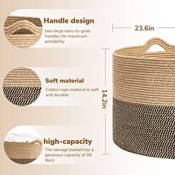 Goodpick Extra Large Storage Basket, 23.6 x 14.2 inches, Woven Laundry Basket for Clothes, Large Wicker Basket for Organizing Pillow Basket for Blankets in Living Room, Jute Plant Tree Basket, 105L