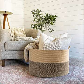 Goodpick Extra Large Storage Basket, 23.6 x 14.2 inches, Woven Laundry Basket for Clothes, Large Wicker Basket for Organizing Pillow Basket for Blankets in Living Room, Jute Plant Tree Basket, 105L