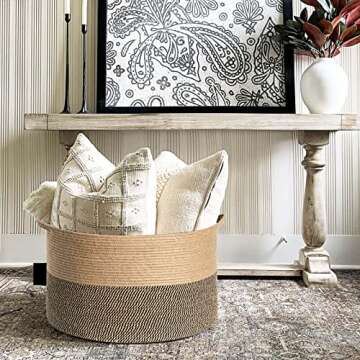 Goodpick Extra Large Storage Basket, 23.6 x 14.2 inches, Woven Laundry Basket for Clothes, Large Wicker Basket for Organizing Pillow Basket for Blankets in Living Room, Jute Plant Tree Basket, 105L