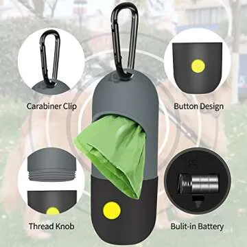 2 Pack Dog Poop Bag Dispenser with Built-in LED Flashlight, Pet Waste Bag Holder for Leash with Carabiner Clip for Lead Leash, 2 Rolls Leak-proof Doggy Waste Bags for Dog Walking, Grey