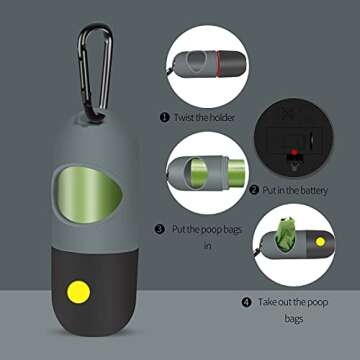 2 Pack Dog Poop Bag Dispenser with Built-in LED Flashlight, Pet Waste Bag Holder for Leash with Carabiner Clip for Lead Leash, 2 Rolls Leak-proof Doggy Waste Bags for Dog Walking, Grey