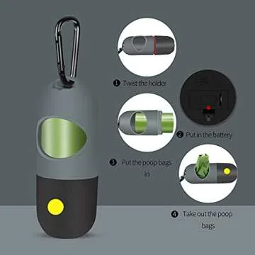 2 Pack Dog Poop Bag Dispenser with Built-in LED Flashlight, Pet Waste Bag Holder for Leash with Carabiner Clip for Lead Leash, 2 Rolls Leak-proof Doggy Waste Bags for Dog Walking, Grey