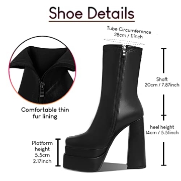 Mattiventon Black Platform Boots for Women Square Toe Chunky Heel Combat Boot Mid Calf Goth Boots