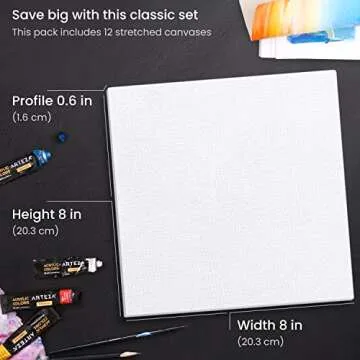 ARTEZA Stretched Canvas, 8 x 8 Inches, Pack of 12, Blank White Square Canvas for Painting for Acrylic, Oil and Gouache Paints