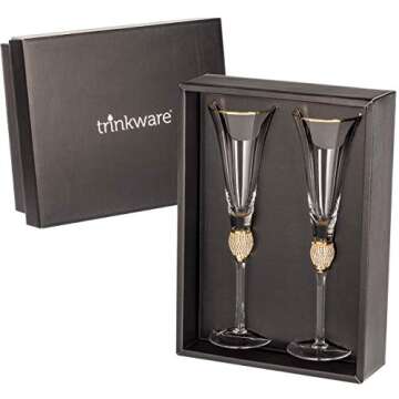 Trinkware Wedding Champagne Flutes - Rhinestone "DIAMOND" Studded Toasting Glasses With Gold Rim - L...