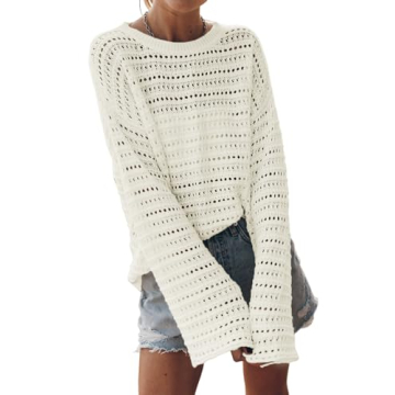 Sidefeel Women's Summer Outfit 2024 Lightweight Crochet Sweater, Hollow Out Knit Top