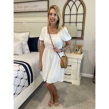 OFEEFAN Women s Casual Dresses White Summer Puff Sleeve Square Neck A-Line Mini Dress with Zipper M