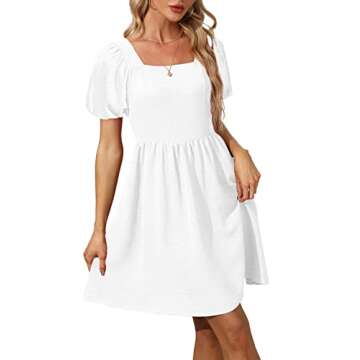 OFEEFAN Women s Casual Dresses White Summer Puff Sleeve Square Neck A-Line Mini Dress with Zipper M