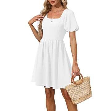 OFEEFAN Women s Casual Dresses White Summer Puff Sleeve Square Neck A-Line Mini Dress with Zipper M