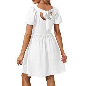 OFEEFAN Women s Casual Dresses White Summer Puff Sleeve Square Neck A-Line Mini Dress with Zipper M