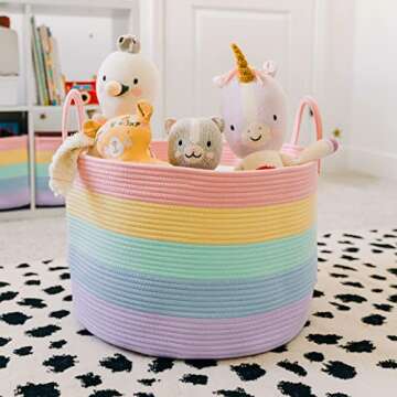 OrganiHaus Cute Basket for Pastel Rainbow Classroom Decor 20x13, Toy Basket Storage for Kids Room, Toy Bins for Kids Organizer, Large Blanket Basket Living Room, Rainbow Storage Bins, Nursery Hamper