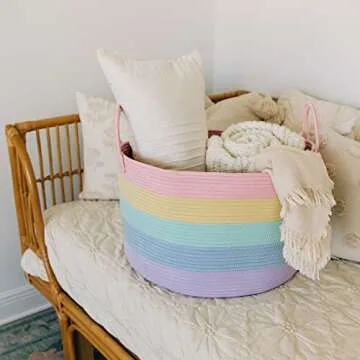 OrganiHaus Cute Basket for Pastel Rainbow Classroom Decor 20x13, Toy Basket Storage for Kids Room, Toy Bins for Kids Organizer, Large Blanket Basket Living Room, Rainbow Storage Bins, Nursery Hamper